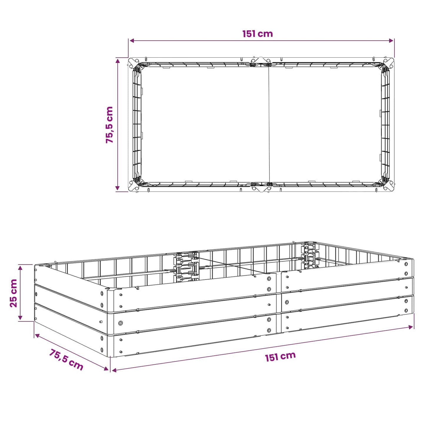Hochbeet Schwarz 151 X 75,5 X 25 Cm Pp