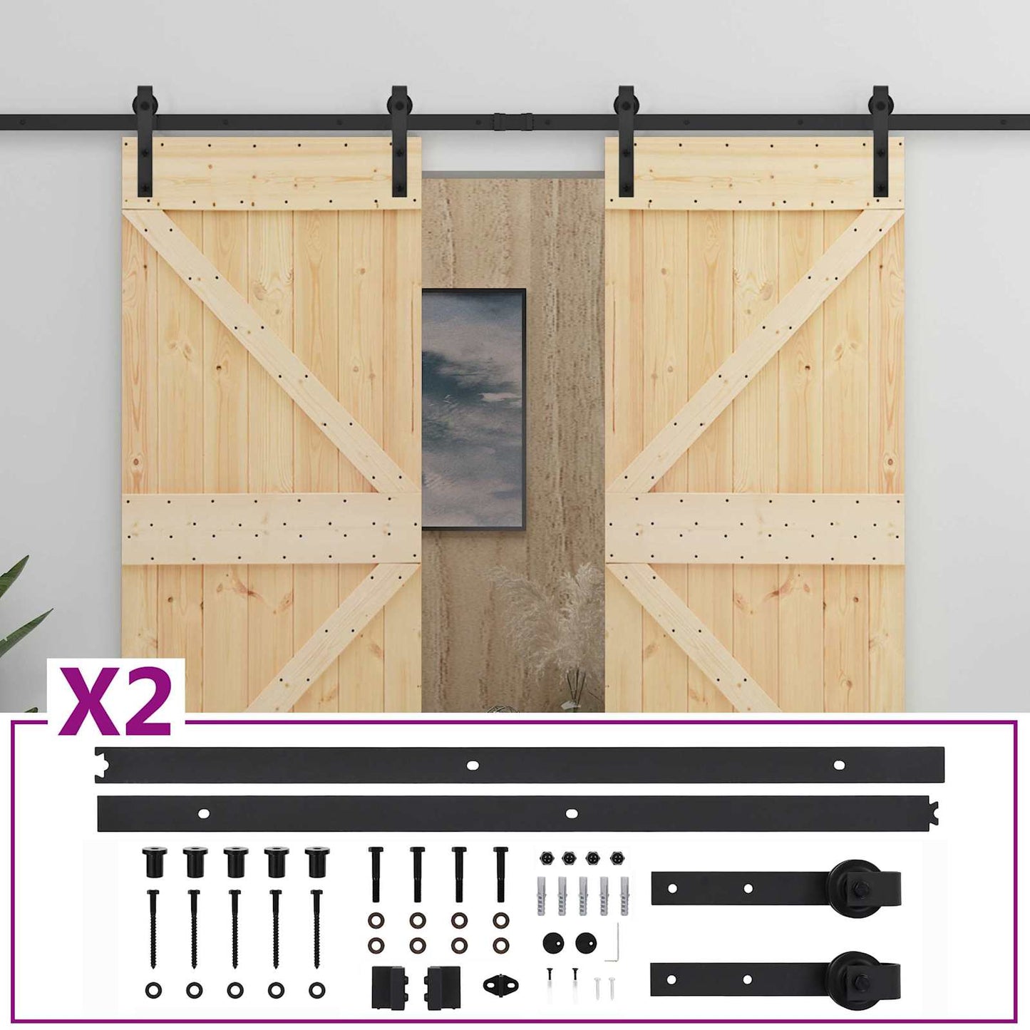 Schiebetür 2 Pcs Natürlich Und Schwarz Massives Kiefernholz