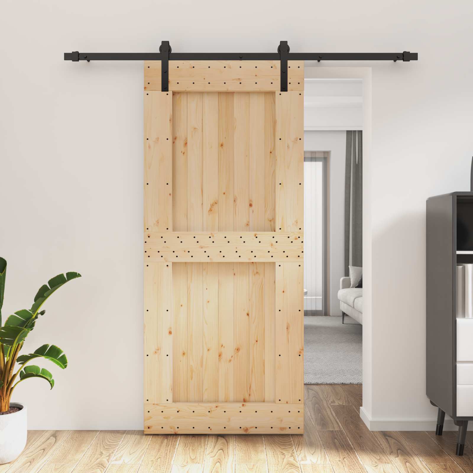 Schiebetür Natürlich Und Schwarz 90 X 210 Cm Massivkiefer