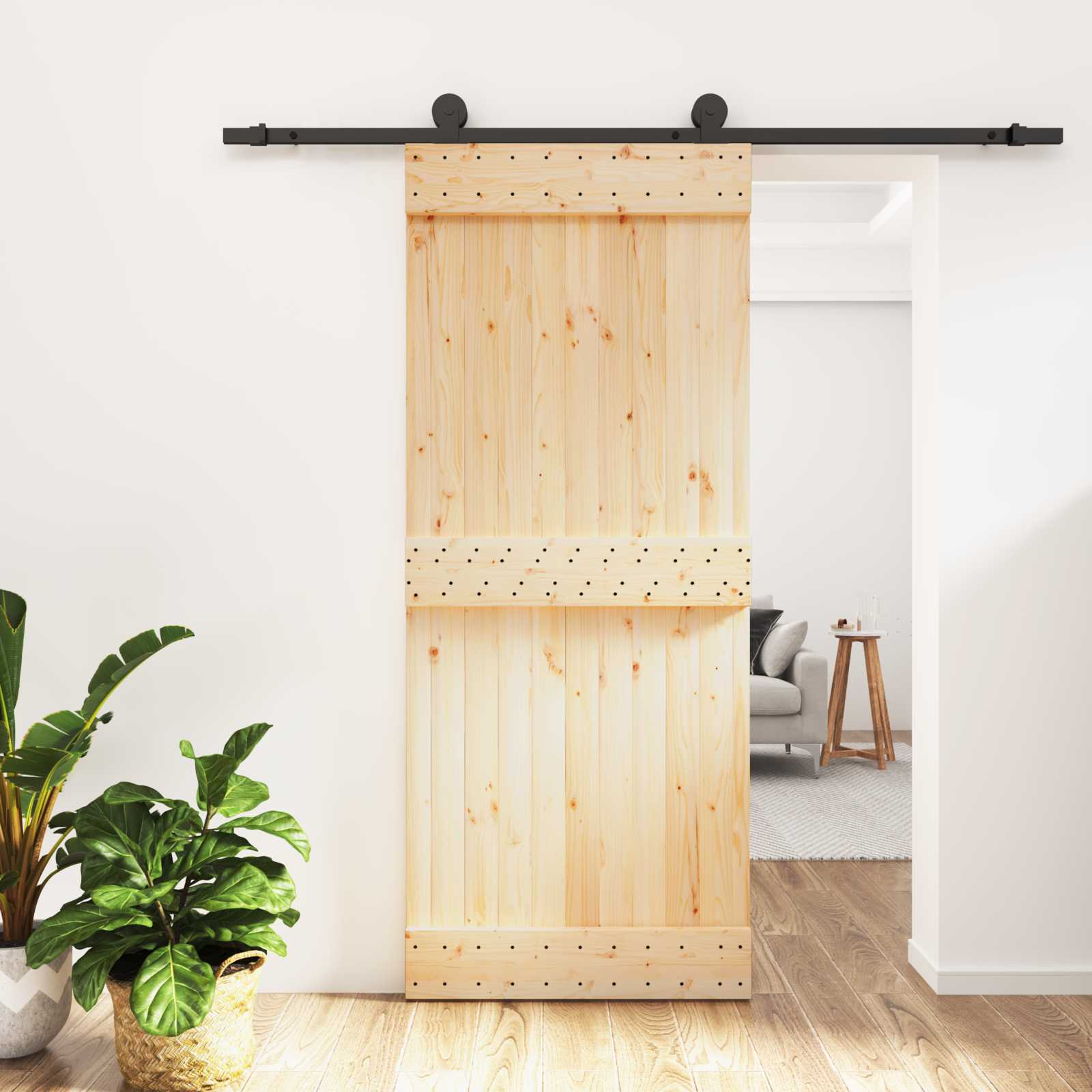 Schiebetür Natürlich Und Schwarz 85 X 210 Cm Massivkiefer
