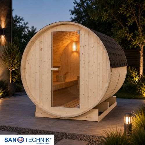 Sanotechnik TROMSÖ XL Fasssauna Außensauna Sauna für 6 Personen 189 x220x191,5 cm
