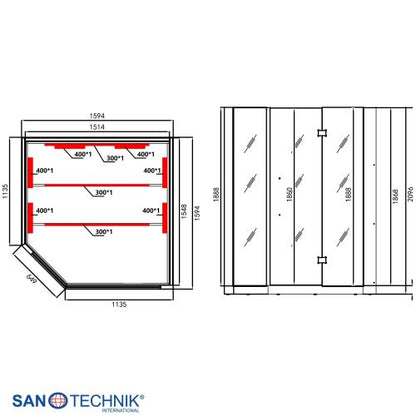 Sanotechnik KIRUNA Infrarotkabine für 3-4 Personen 160x114,1x64,8x114,1x160 x 210 cm