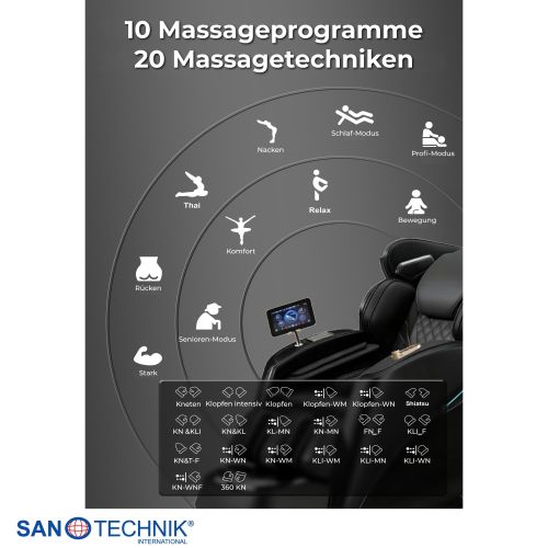 Sanotechnik LUXORA Luxus Massagesessel Schwarz 76x159x115 cm