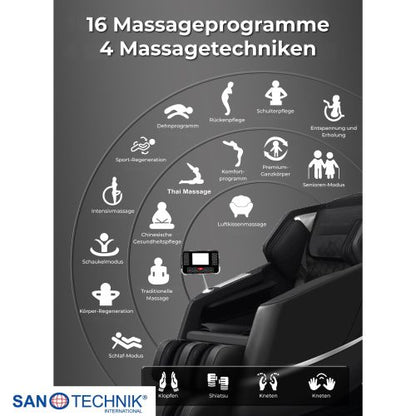 Sanotechnik VITALORA Luxus Massagesessel Schwarz/Silber 74x147x108 cm
