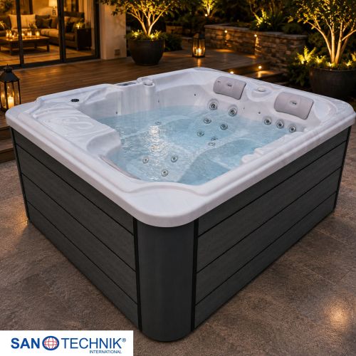 Sanotechnik OASIS OUTDOOR WHIRLPOOL white marble inkl. Abdeckung und Stiege 208x175x90 cm