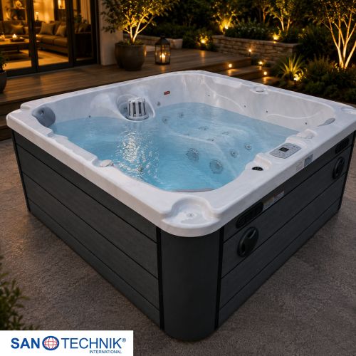 Sanotechnik PALMA OUTDOOR WHIRLPOOL white marble inkl. Abdeckung und Stiege 190x190x86 cm