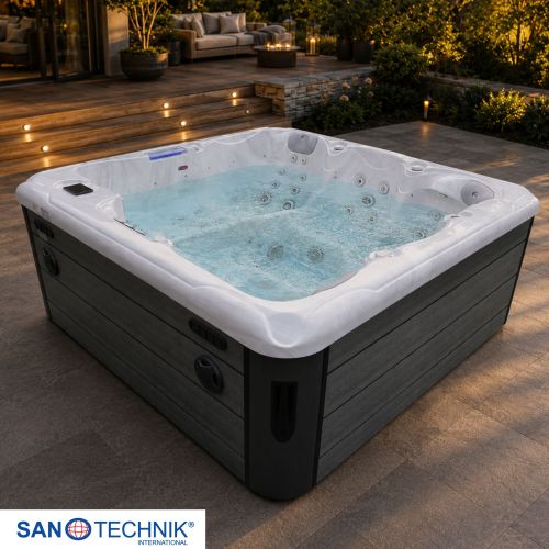 Sanotechnik HAWAI OUTDOOR WHIRLPOOL white marble inkl. Abdeckung und Stiege 220x220x95 cm