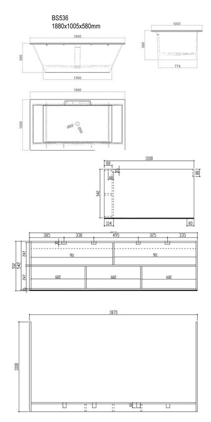 StoneArt Badewanne BS-536 weiß 188x100 cm matt