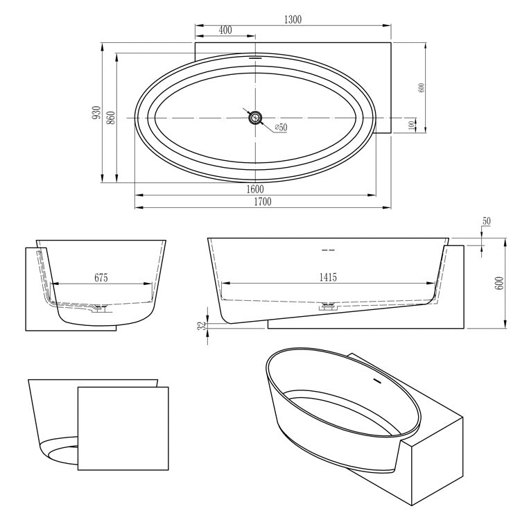 StoneArt Badewanne BS-550 weiß 170x93 cm matt