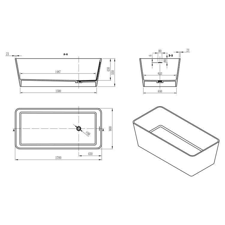 StoneArt Badewanne BS-551 weiß 170x80 cm glänzend