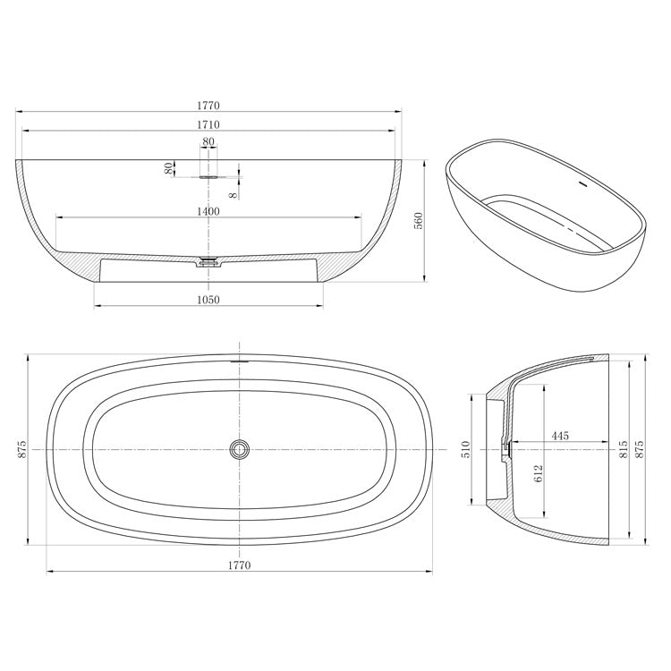 StoneArt Badewanne BS-552 weiß 177x88 cm matt