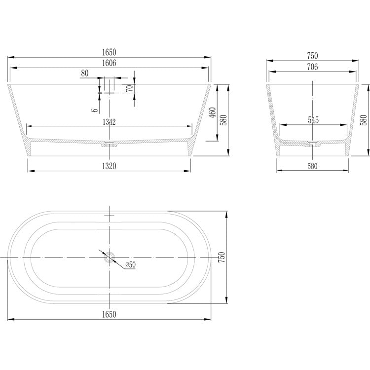 StoneArt Badewanne BS-553 weiß 165x75 cm matt