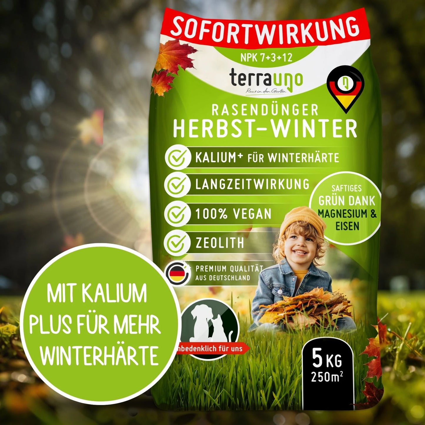 TerraUno Premium Rasendünger Dünger Herbst & Winter NPK 7+3+12